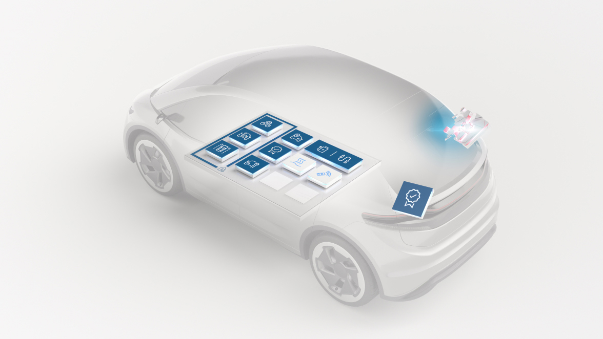 Ein Glasfahrzeug mit einer abstrakten Softwareplattform im Inneren, auf dem Softwarepakete abgebildet sind