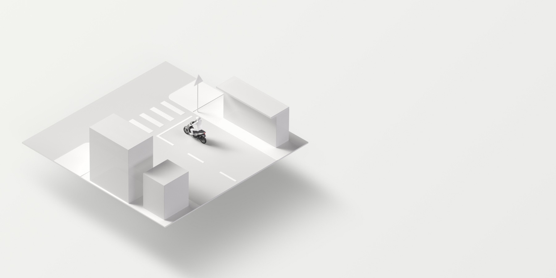 Abstrakte 3D-Visualisierung der Einsatzwecke von Bosch-Lösungen für Zweiräder und Powersports-Fahrzeuge für Überlandverkehr, Stadtverkehr, Lieferverkehr und Freizeitfahrten.